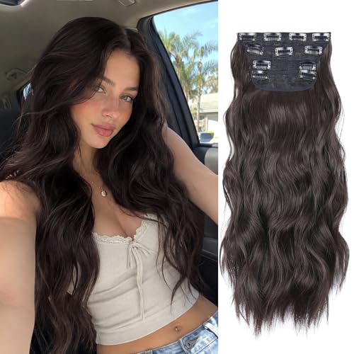 Clip in Hair Extensions 4PCS Brown Black Thick Hair Piece 20 Inches Long Wavy Clip in Extensions Full Head Synthetic Hairpieces for Women (4pcs, 20Inch, 4#) - color: 4-Brown Black