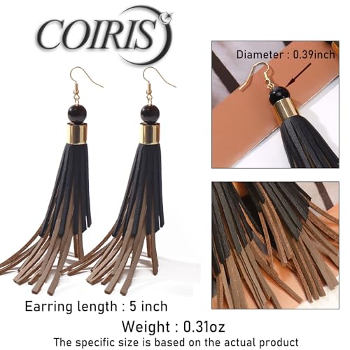 Coiris Boho Leather Layered Tassel Earrings for Women Lightweight Leather Fringe Dangle Earrings Handmade Bohemian Summer Beach Western Drop Earrings for Women - color: BlackBrown