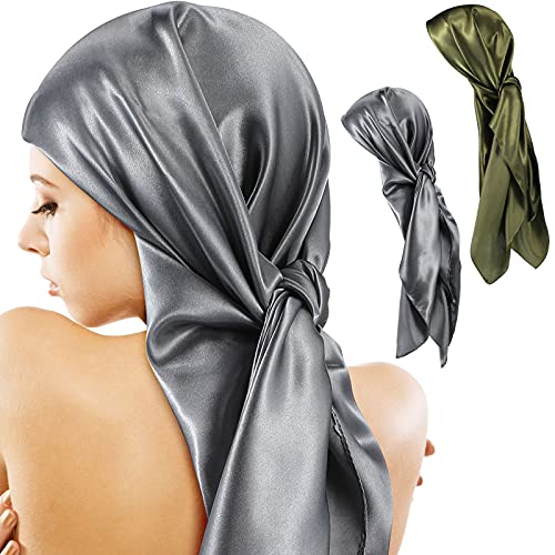 SATINIOR 35 Inch Silky Head Scarf 2 Pcs Large Square Neck Scarf Sleeping Hair Wrapping Satin Bandana for Women - color: Dark Grey, Olive, style: Classic