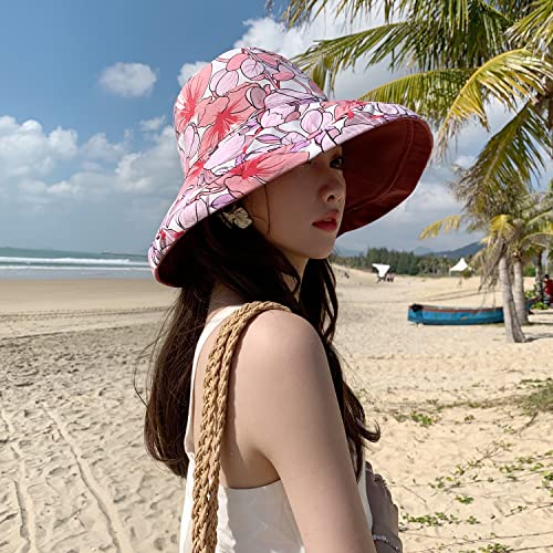 HUAMULAN Women Summer Sun Hat Wide Brim Wired Edge Floral Beach Bucket Hats Reversible Foldable Travel UV Protection Lady Hat - color: M1744-jiuhong