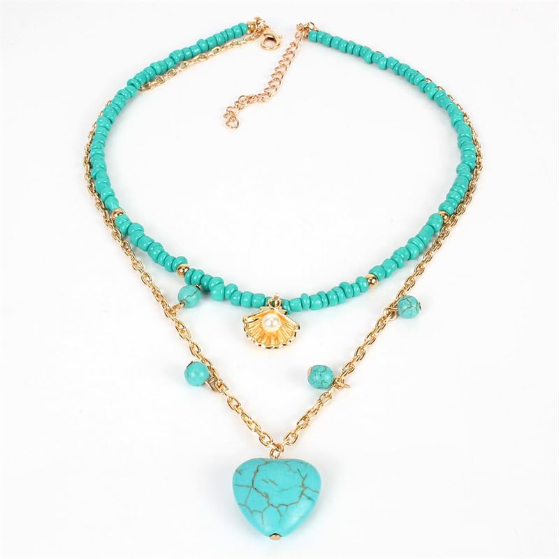 Pingyongchang Boho Layered Western Turquoise Necklaces for Women Vintage Stone Beaded Chokers Butterfly Catus Chain Country Concert Cowgirl Cowboy Jewelry Holiday Gifts - style: E Heart