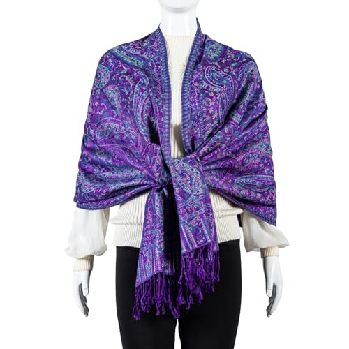 AUSEKALY Pashmina Feel Shawls Wraps for Women Rave Scarf Soft Silky Reversible Men Scarves - color: Purple Blue