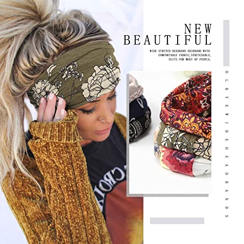 Olbye Wide Headbands Knotted Turban Headband Floral Non Slip Elastic Hairbands Workout Head Wraps Yoga Hair Scarfs Boho Fashion Hair Accessories for Women 6 Pcs (Chic)