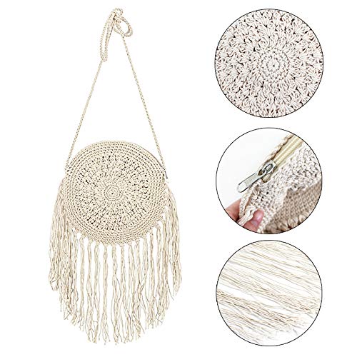 Goclothod Women Crochet Fringed Shoulder Bag Cotton Tassel Crossbody Bag Hippie Beach Purse - color: Off-white