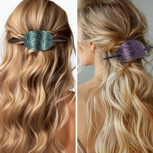6 Pcs Leather Hair Barrettes with Stick, Hairpin Ponytail Holders Square Shape Hair Accessories Set Handmade Hairs Barrette with Wood Slide Stick for Women