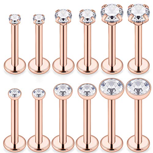 SCERRING 6 Pairs 14G Stainless Steel Clear CZ Internally Threaded Labret Monroe Lip Tragus Cartilage Helix Earring Ring Body Piercing Jewelry 6-10mm - style: 10mm Rose Gold