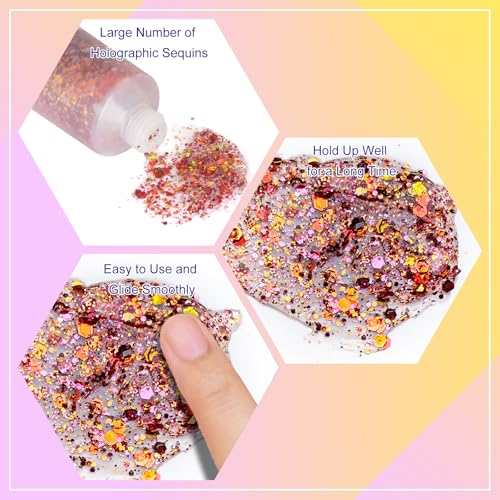 MEICOLY Chameleon Colorful Body Glitter,Holographic Chunky Glitter Face Paint,Color Changing Mermaid Self-Adhesive Face Glitter Gel,Glitter Sequin for Face Body Hair,Festival Party Glitter Makeup - color: colorful orange pink