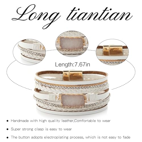 Long tiantian Leather Wrap Bracelets Boho Bracelets for Women Rhinestone Leather Bangles Boho Western Outfit Accessories Jewelry Gifts - color: white