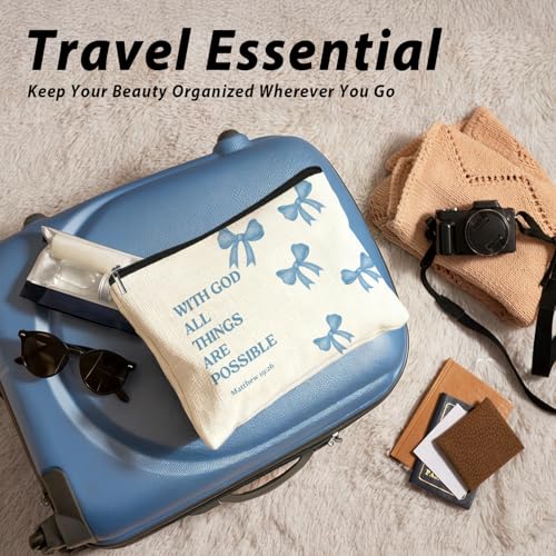 Coquette Blue Bow Christian Makeup Bag, With God All Things Are Possible Cosmetic Bags for Women, Christian Bible Verse Gifts for Women, Preppy Aesthetic Zipper Makeup Pouch - color: 01-With God All Things Are Possible(Blue Bible)
