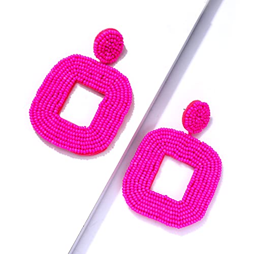 Beaded Drop Earrings Multicolored Seed Bead Earrings for Women Bohemia Statement Square Bead Hoop Dangle Earrings for Wedding Party Vacation - color: B Rose Red