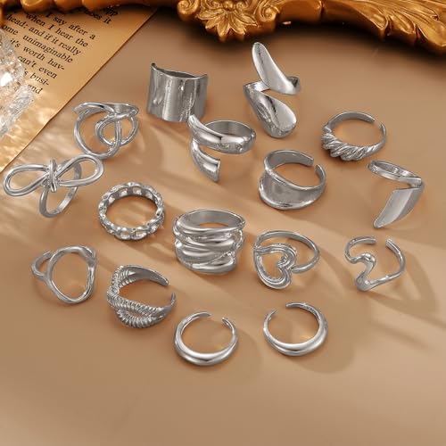 IFKM Gold Chunky Rings Set for Women 14k Gold Plated Thick Dome Stackable Open Rings Trendy Dainty Minimalist Jewelry Gifts - color: Silver, style: Geometric metal wind
