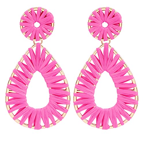Raffia Teardrop Dangle Earrings Handmad Statement Drop Earrings - color: Hot Pink