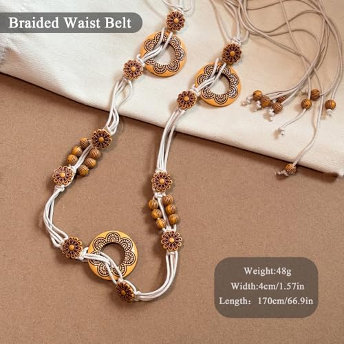 Women Braided Waist Belt Boho Woven Belt with Wooden Beads and Ring Clasp Vintage Long Tassel Rope Tie Belt for Dress - color: Beige 1