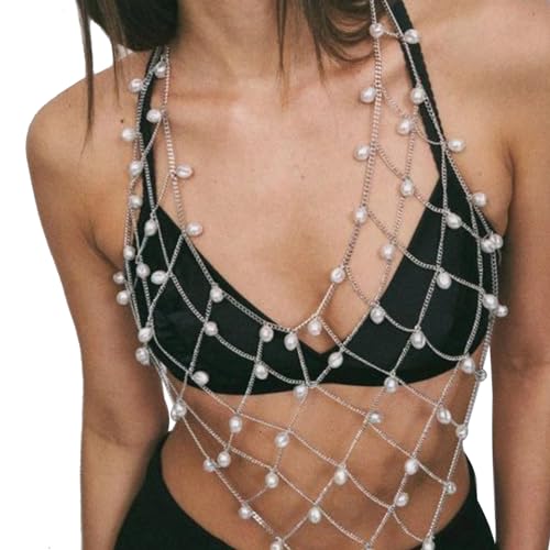 Summer Boho Pearl Bra Body Chain Bikini Beads Lingerie Chain Necklace Crystal Bead Body Chain Jewelry Trend Festival Pearl Waist Jewelry for Women (Silver)
