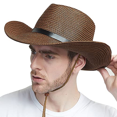 Wide Brim Straw Cowboy Hat for Men Women Western Cowgirl Sun Hat Packable UPF 50+ Beach Cap Shapeable Fedora Panama Cap - color: Coffee