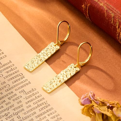 ALEXCRAFT Hammered Silver Dangle Earrings for Women, 14K Gold Plated French Leverback Earrings, Hypoallergenic Lightweight Statement Hammer Square Bar Long Drop Earing for Women Trendy Jewelry Gifts - color: GoldC
