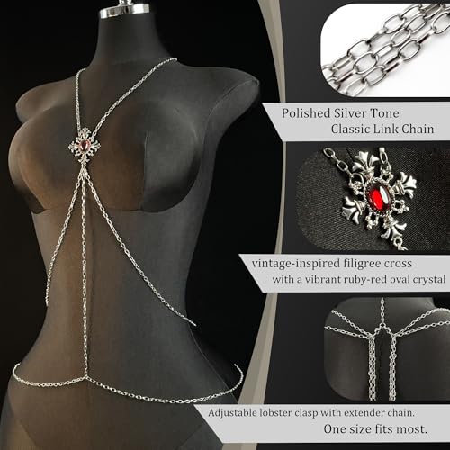Paloli Gothic Cross Body Chain for Women – Silver Tone Adjustable Waist Body Jewelry, Vintage Filigree Y-Style Harness Necklace for Festival Party Outfit - style: Ruby Red