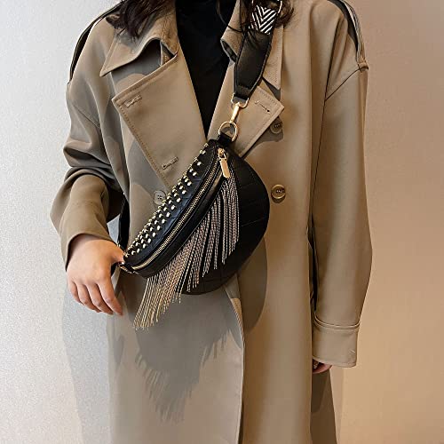 GLT.ETL Fanny Pack Chest Bag For Women Faux leather Fringe Quilted Waist Cross Body Bum Bags Rivet Studded Tassel Purses(Black Gold) - color: Black Gold