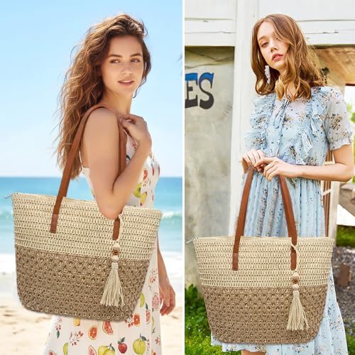 YAMEIZE Straw Woven Beach Shoulder Bags for Women Big Foldable Straw Tote bag Lightweight Raffia Bag with Zipper Summer - color: Multicolor