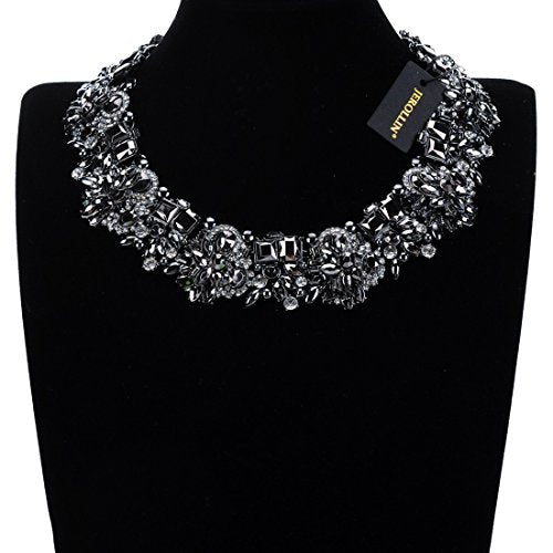 Jerollin Crystal Rhinestone/Pearl Statement Chain Necklace, Vintage Choker Bib Pendant Necklace Bohemian Bling Tassel Collar Statement Necklace for Evening Party - color: Black