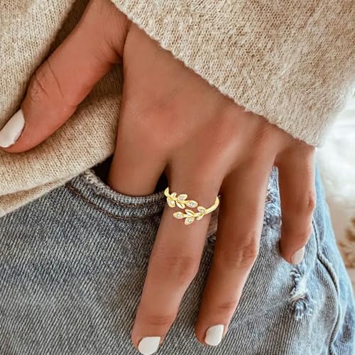 Gold Rings for Women Non Tarnish, 18K Gold Plated Trendy Stackable Gold Rings, Adjustable Open Statement Rings with Cubic Zirconia - color: Leaf Rings