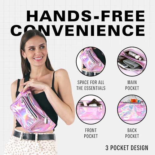 Holographic Fanny Pack Belt bag - Crossbody Waist Bag for Men or Women - Hands-Free, Waterproof Large Bumbag for Hiking, Running, and Travel (Pale Pink) - color: Holographic Pale Pink