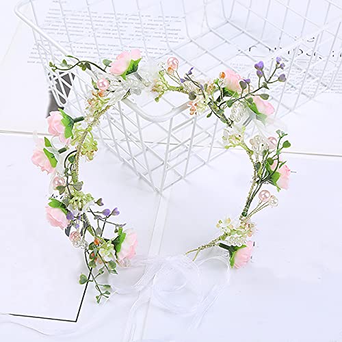 Vivivalue Pearl Flower Crown Floral Garland Headband Flower Halo Headpiece Hair Wreath Boho with Ribbon Wedding Party Festival Photos Pink - color: 5