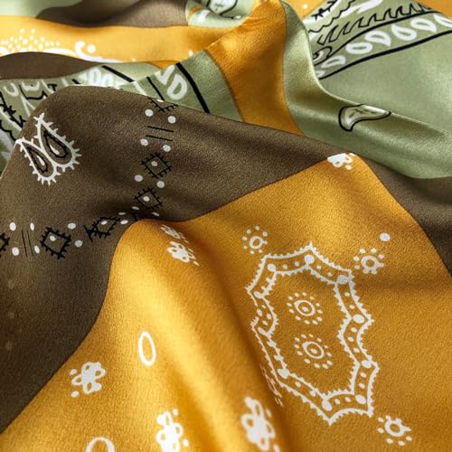 100% Mulberry Silk Neck Scarf 21''x21'' Small Square Hair Scarf for Women Men Lightweight Bandana Envelope Package - color: Geometric- Yellow