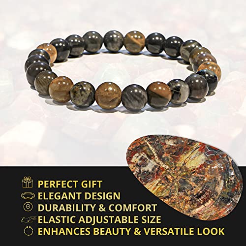 ANAYA AGATE Healing Crystal Bracelet for Women and Men – 8mm Round Beaded Bracelet for Men and Women – Unisex Stretchy Gemstone Bracelet for Healing and Protection - color: Petrified Wood