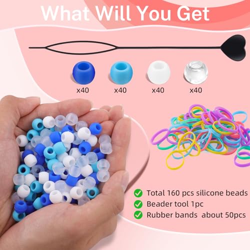 160Pcs 10mm Small Silicone Beads for Hair Braids, Soft Jellyish Pony Hair Beads with 5mm Hole + 50 Rubber Bands and 1 Beader for Braiding, DIY Bracelets Necklaces Crafts (Blue) - color: Blue Mix-160Pcs