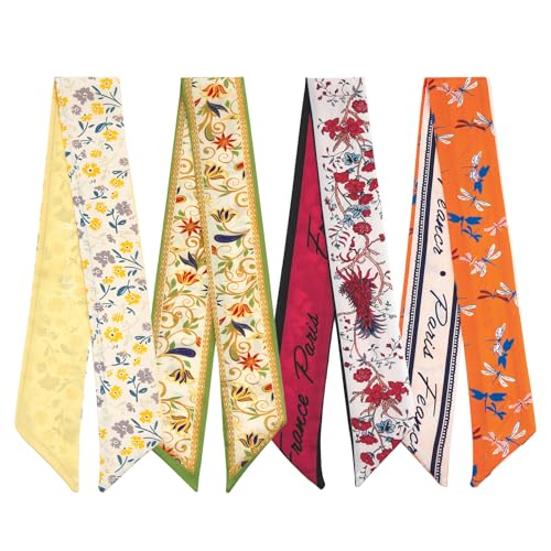 QIUTIMIY 4 Pack Purse Scarf Handbags Skinny Twill Hair Scarves Narrow Neck Scarf Band Women Fashion Accessories Bag Charms - color: Style 2-4