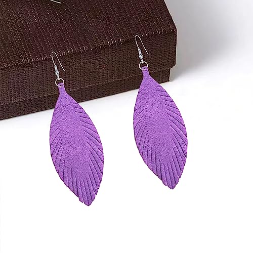 Large Genuine Soft leaf Leather Handmade Fringe Tassel Feather Lightweight Tear Drop Dangle Color Earrings for Women - color: Violet