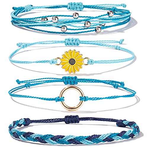 FANCY SHINY Easter Gifts Basket Stuffers Sunflower String Bracelet Boho Braided Rope Wrap Bracelets Cute Summer Beach Surfer Jewelry for Women - color: Skyblue