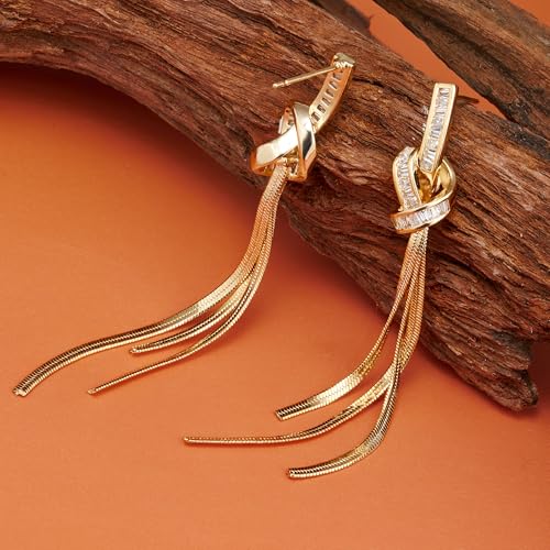 18K Gold/Silver Plated Dangle Earrings for Women Sparkly Rhinestone Long Tassel Dangle Earrings Dainty Long Hanging Chain Earrings Wedding Party Prom Earrings - color: Gold