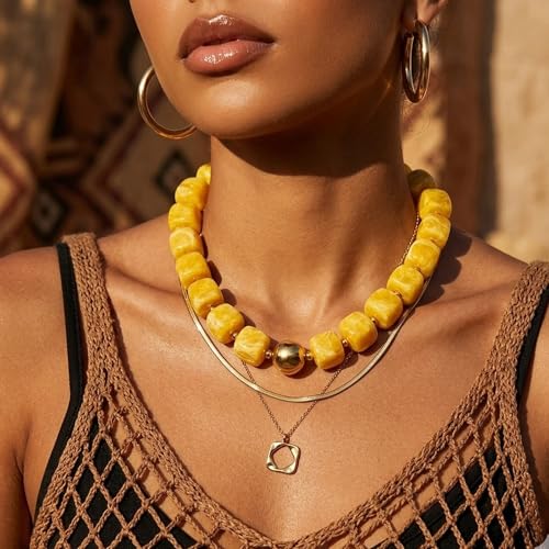Mchic Colorful Beaded Choker Necklace for Women: Boho Large Square Acrylic Beaded Necklace Stainless Steel Adjustable Surfer Beach Strand Necklaces Summer Handmade Jewelry Gift for Women - color: Yellow1