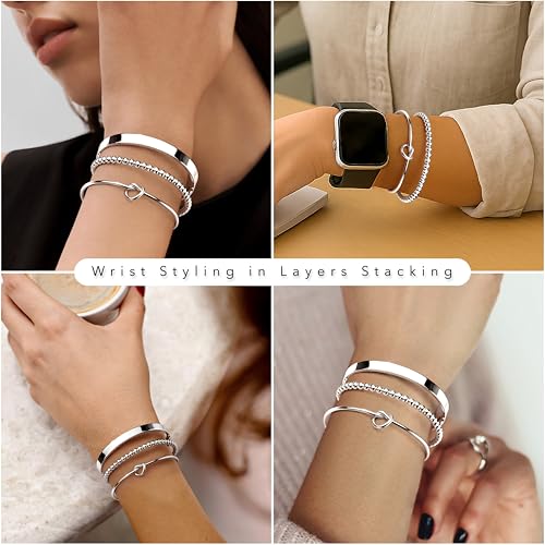 925 Sterling Silver Bracelets for Women Stack, Trendy Tennis Bangle Cuff Jewelry Set 14K Gold Plated, Adjustable Bracelet Set for Wrist Essentials, Women Fashion Watch Band Acecessories - style: Bracelet_3pcs_06(Silver Cuff Set)