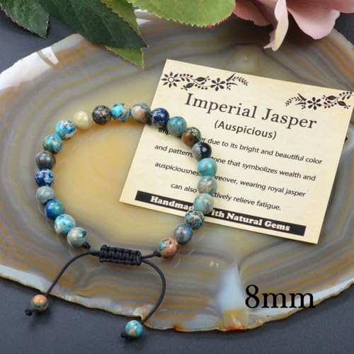 468Handmade Adjustable Natural Gemstone Crystal Bracelet Healing Power Energy Inspirational Gifts with Card for Unisex - color: 11-Imperial Jasper (Auspicious), size: 8mm