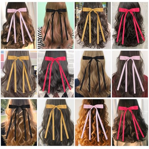 WORTL Hair Bows Clips Coquette Ribbon Bowknot with Long Tail Princess Hair Bows French Barrettes Hair Accessories for Women Girls 16PCS (Rose red, Pink, Yellow, Black) - color: Rose red, Pink, Yellow, Black