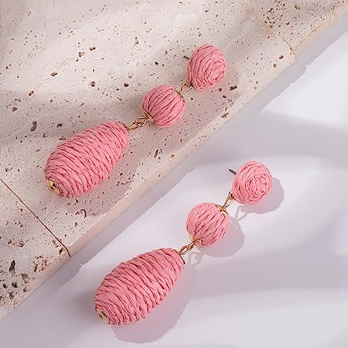 Boho Raffia Earrings Statement Dangle Earrings Cute Teardrop Ball Earrings Colorful Summer Jewelry Handmade Rattan Earrings for Women - color: Coral