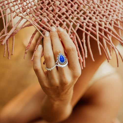 Crescent Moon Turquoise Stone Ring for Women,S925 Sterling Silver Waterdrop Shaped Gemstone Boho Statement Ring Jewelry Gift for Her - color: Ring_B