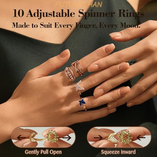 10Pcs Fidget Anxiety Rings for Women Adjustable Spinner Ring Gifts for People With Anxiety Moon Sun Butterfly Galaxy Daisy Flower CZ Stress Relief Calm Rings Jewelry 14K Gold/Silver/Rose Gold Plated - color: Rose Gold Plated