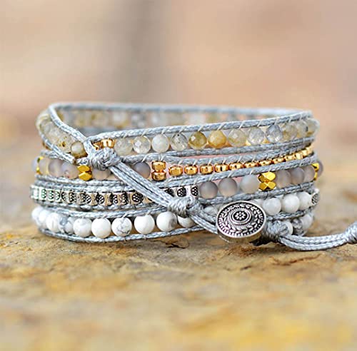 Women Wrap Bracelet Boho Natural Jasper Crystal Stone Beads Strand Bracelets - color: Pink Quartz