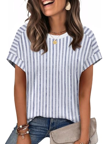 WIHOLL Womens Tops Short Sleeve Shirts Summer Outfits 2026 Spring Dressy Casual Clothes Clothing - color: Blue Stripes-2, size: Small