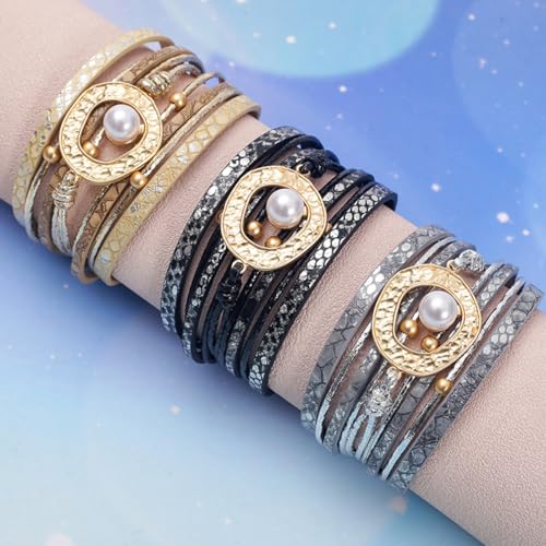 Long tiantian Boho Leather Wrap Bracelets Western Bracelets for Women Stackable Starfish Crystal Pearl Turquoise Leather Bracelet With Clasp Jewelry Gifts Boho Dresses - color: C3:silver leather bracelet