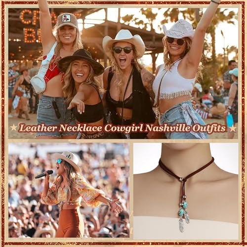 Boho Outfits for Women Boho Necklaces Country Concert Outfits Nashville Western Jewelry Choker Necklaces Long Leather Necklace Western Dress Jewelry Country Cowgirl Accessories Gifts - color: G:Turquoise Feather Necklace