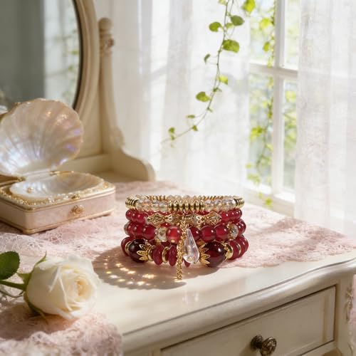 Bohemian Bracelet Sets for Women - 4-Pack Stackable Stretch Bead Bracelets with Black＆White Crystal & Gold Accessories, Multi-Layer Boho Jewelry - color: red