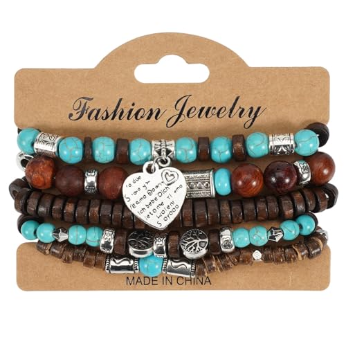COLORFUL BLING Boho Turquoise Wooden Beaded Stretch Bracelets Stackable Turtle Butterfly Elephant Shell Heart Charms Bracelet for Women Men Western Jewelry Gifts - style: Set 3