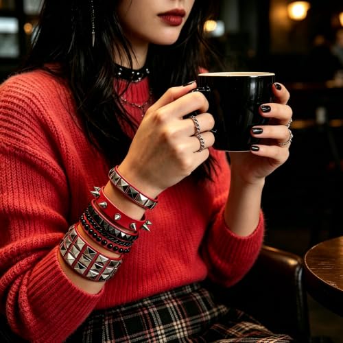 Handmade Black Leather Wrap Studded Bracelets for Women Men, 4Pcs Vintage Punk Wrist Cuff Bangle Wristband Emo Jewelry Gifts - style: Red Square Stud Style