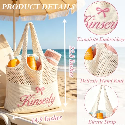 Personalized Embroidered Beach Bag for Women, Knit Mesh Beach Tote Bag | Custom Reusable Summer Bags, Sandproof Shoulder Tote, Travel Vacation Wedding Bachelorette Party Bridesmaid Mother Gifts