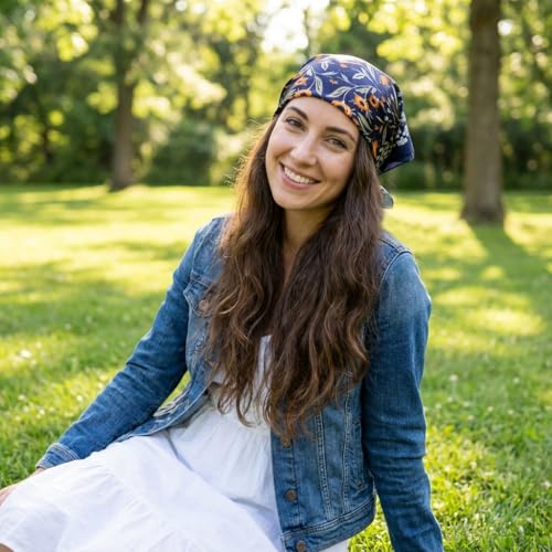 Women's Small 21 inch 100% Silk Scarf Bandana for Head Neck Hair | 100% Mulberry Silk Lightweight Designs Gift-Ready Packaging For Hair Fashion 21"x21" Printed - color: 302navy Orange
